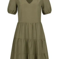 VILA Damen V-Neck Leinen Kleid Kurzarm Mit 2 Seitlichen Eingriffstaschen F. Leaf Oliv