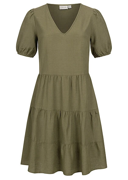 VILA Damen V-Neck Leinen Kleid Kurzarm Mit 2 Seitlichen Eingriffstaschen F. Leaf Oliv 3 VILA Damen V-Neck Leinen Kleid Kurzarm Mit 2 Seitlichen Eingriffstaschen F. Leaf Oliv