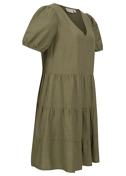 VILA Damen V-Neck Leinen Kleid Kurzarm Mit 2 Seitlichen Eingriffstaschen F. Leaf Oliv 4 VILA Damen V-Neck Leinen Kleid Kurzarm Mit 2 Seitlichen Eingriffstaschen F. Leaf Oliv – Bild 2