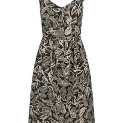 VILA Damen V-Neck Leinen Kleid M. Knopfleiste & Rüschenträger Tropical Print Schwarz Beige