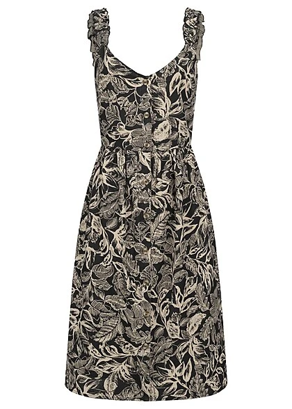 VILA Damen V-Neck Leinen Kleid M. Knopfleiste & Rüschenträger Tropical Print Schwarz Beige 3 VILA Damen V-Neck Leinen Kleid M. Knopfleiste & Rüschenträger Tropical Print Schwarz Beige