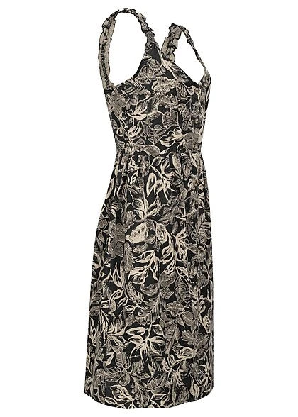 VILA Damen V-Neck Leinen Kleid M. Knopfleiste & Rüschenträger Tropical Print Schwarz Beige 4 VILA Damen V-Neck Leinen Kleid M. Knopfleiste & Rüschenträger Tropical Print Schwarz Beige – Bild 2