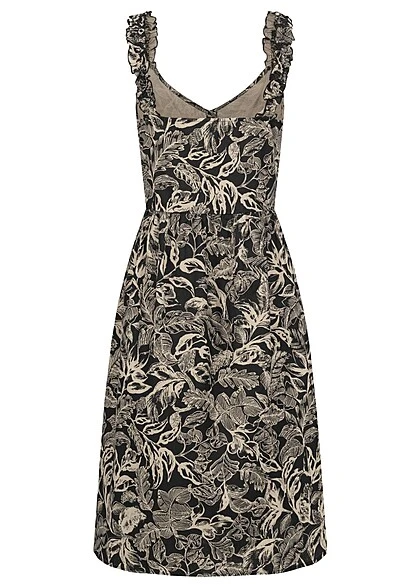 VILA Damen V-Neck Leinen Kleid M. Knopfleiste & Rüschenträger Tropical Print Schwarz Beige 5 VILA Damen V-Neck Leinen Kleid M. Knopfleiste & Rüschenträger Tropical Print Schwarz Beige – Bild 3