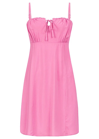 ONLY Damen Mini Viskose Kleid Schnürdetail Vorne & Rüschen Zipper Hinten Super Pink 3 ONLY Damen Mini Viskose Kleid Schnürdetail Vorne & Rüschen Zipper Hinten Super Pink