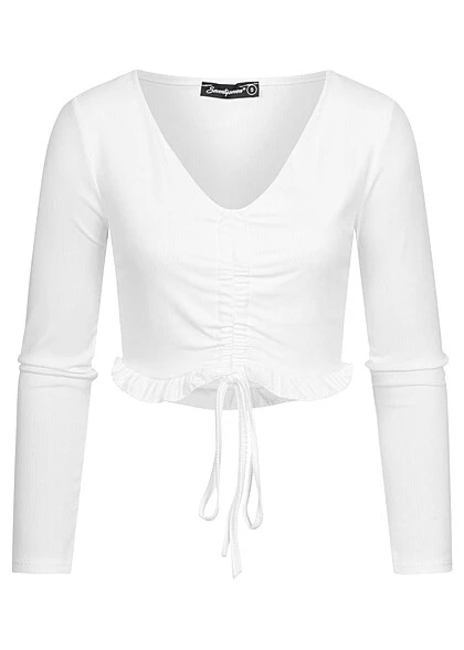 Seventyseven X Anniju Damen Ribbed V-Neck Longsleeve Mit Raffdetail Vorne Weiss 4 Seventyseven X Anniju Damen Ribbed V-Neck Longsleeve Mit Raffdetail Vorne Weiss – Bild 2