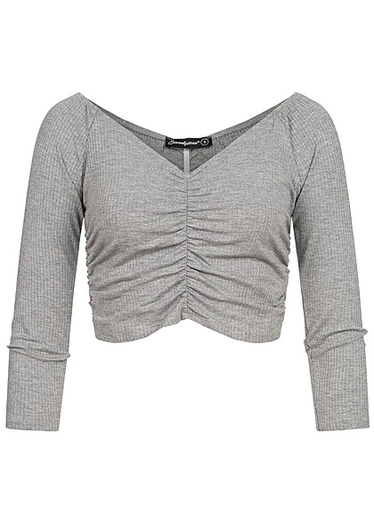 Seventyseven X Anniju Damen Ribbed Carmen Langarm V-Neck Raff-Longsleeve Grau Melange 3 Seventyseven X Anniju Damen Ribbed Carmen Langarm V-Neck Raff-Longsleeve Grau Melange