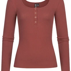 Pieces Damen NOOS Ribbed Longsleeve 4 Druckknöpfe Apple Butter Rot Braun