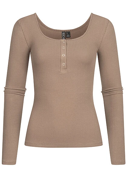 Pieces Damen NOOS Ribbed Longsleeve 4 Druckknöpfe Fossil Braun 3 Pieces Damen NOOS Ribbed Longsleeve 4 Druckknöpfe Fossil Braun