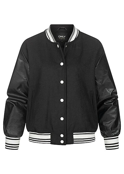 ONLY Damen Blousonjacke College Bomber Jacke 2-Pockets Druckknopfleiste Schwarz 3 ONLY Damen Blousonjacke College Bomber Jacke 2-Pockets Druckknopfleiste Schwarz