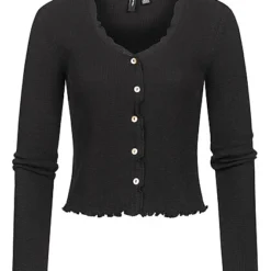 Vero Moda Damen NOOS Cardigan Mit V-Neck Und Knopfleiste Frilldetails Am Saum Schwarz
