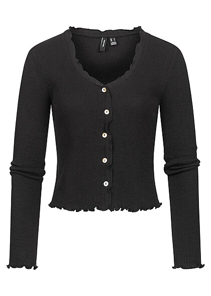 Vero Moda Damen NOOS Cardigan Mit V-Neck Und Knopfleiste Frilldetails Am Saum Schwarz 3 Vero Moda Damen NOOS Cardigan Mit V-Neck Und Knopfleiste Frilldetails Am Saum Schwarz