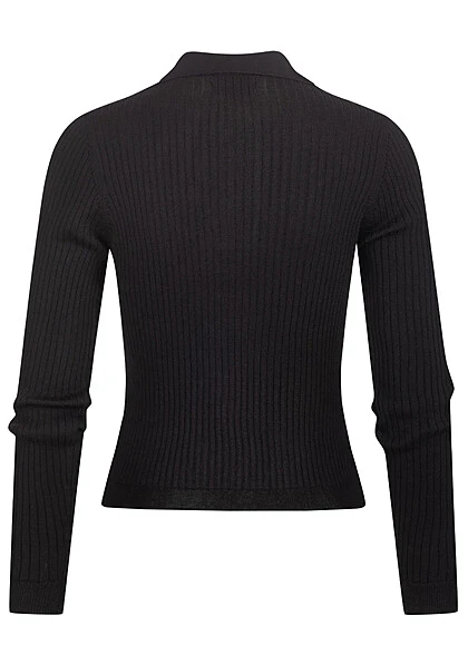 ONLY Damen V-Neck Rippstrick Polo Pullover Mit Kurzem Schnitt Schwarz 4 ONLY Damen V-Neck Rippstrick Polo Pullover Mit Kurzem Schnitt Schwarz – Bild 2