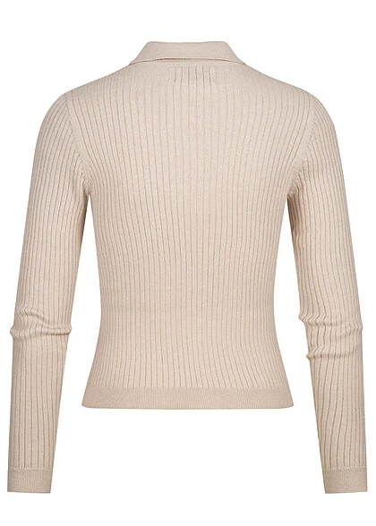 ONLY Damen V-Neck Rippstrick Polo Pullover Mit Kurzem Schnitt Pumice Stone Beige 4 ONLY Damen V-Neck Rippstrick Polo Pullover Mit Kurzem Schnitt Pumice Stone Beige – Bild 2