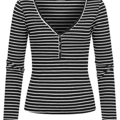 VILA Damen NOOS V-Neck Top Langarm Mit Knopfleiste Gestreift Schwarz Weiss
