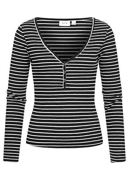 VILA Damen NOOS V-Neck Top Langarm Mit Knopfleiste Gestreift Schwarz Weiss 3 VILA Damen NOOS V-Neck Top Langarm Mit Knopfleiste Gestreift Schwarz Weiss