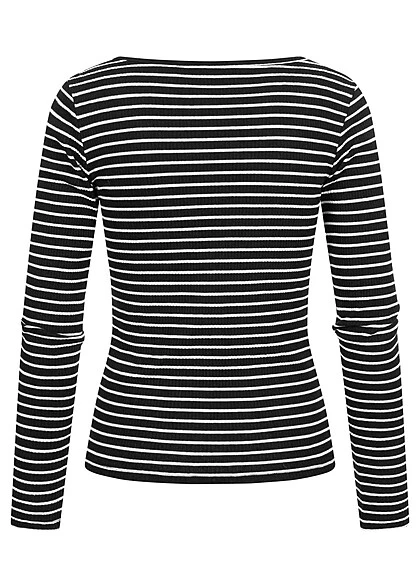 VILA Damen NOOS V-Neck Top Langarm Mit Knopfleiste Gestreift Schwarz Weiss 4 VILA Damen NOOS V-Neck Top Langarm Mit Knopfleiste Gestreift Schwarz Weiss – Bild 2