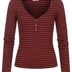 VILA Damen NOOS V-Neck Top Langarm Mit Knopfleiste Gestreift Rot Schwarz