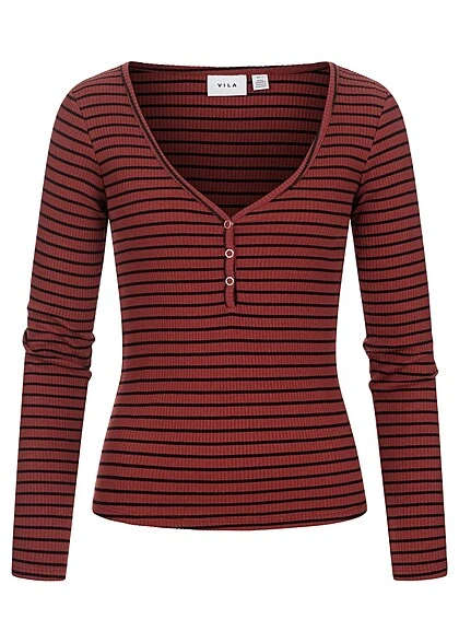 VILA Damen NOOS V-Neck Top Langarm Mit Knopfleiste Gestreift Rot Schwarz 3 VILA Damen NOOS V-Neck Top Langarm Mit Knopfleiste Gestreift Rot Schwarz
