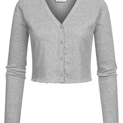 Noisy May Damen NOOS Crop Cardigan Mit Knopfleiste Und Frilldetails Hellgrau Melange