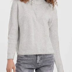 Vero Moda Damen High-Neck Sweater Mit Half-Zipper Hell Grau Melange