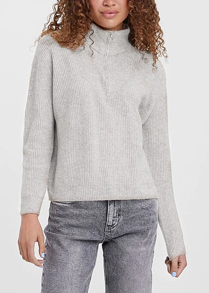 Vero Moda Damen High-Neck Sweater Mit Half-Zipper Hell Grau Melange 3 Vero Moda Damen High-Neck Sweater Mit Half-Zipper Hell Grau Melange