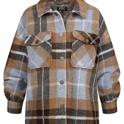 ONLY Damen Kurze Shacket Hemdjacke 2 Brusttaschen Karo Muster Tobacco Braun Blau