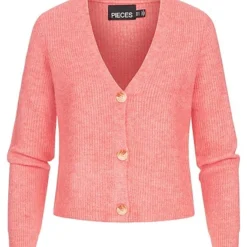 Pieces Damen NOOS Kurze V-Neck Strickjacke Cardigan Knopfleiste Strawberry Pink