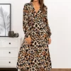 VILA Damen Midi Viskose V-Neck Kleid Leo Print & Knopfleiste Schwarz Braun -Vero Moda Verkaufsgeschäft 22080318