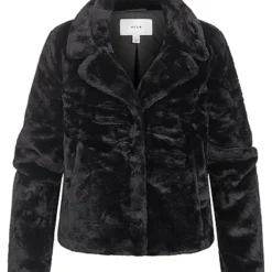VILA Damen Kurze Faux Fur Kunstfelljacke Mit 2 Taschen & Druckknopfleiste Schwarz