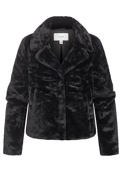VILA Damen Kurze Faux Fur Kunstfelljacke Mit 2 Taschen & Druckknopfleiste Schwarz 2 VILA Damen Kurze Faux Fur Kunstfelljacke Mit 2 Taschen & Druckknopfleiste Schwarz