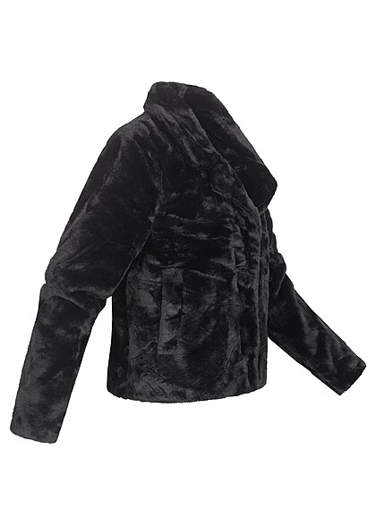 VILA Damen Kurze Faux Fur Kunstfelljacke Mit 2 Taschen & Druckknopfleiste Schwarz 3 VILA Damen Kurze Faux Fur Kunstfelljacke Mit 2 Taschen & Druckknopfleiste Schwarz – Bild 2