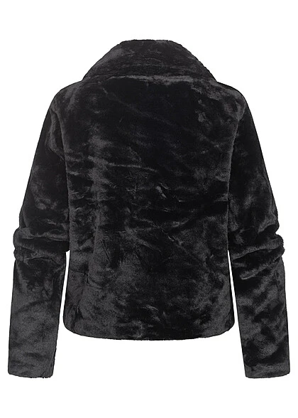 VILA Damen Kurze Faux Fur Kunstfelljacke Mit 2 Taschen & Druckknopfleiste Schwarz 4 VILA Damen Kurze Faux Fur Kunstfelljacke Mit 2 Taschen & Druckknopfleiste Schwarz – Bild 3