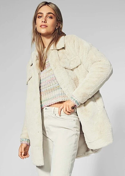 ONLY Damen Shacket Jacke Mit 2-Brusttaschen Teddyfell Pumice Stone Beige 3 ONLY Damen Shacket Jacke Mit 2-Brusttaschen Teddyfell Pumice Stone Beige