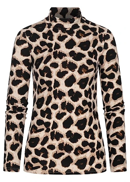 Pieces Damen High-Neck Top Longsleeve Mit Leo Print Schwarz Beige 3 Pieces Damen High-Neck Top Longsleeve Mit Leo Print Schwarz Beige