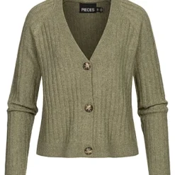 Pieces Damen NOOS V-Neck Cardigan Mit Knopfleiste Strukturstoff Deep L. Grün