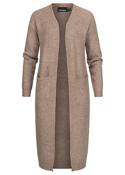 Pieces Damen NOOS Longform Cardigan Strickjacke Langarm 2-Pockets Fossil Braun 3 Pieces Damen NOOS Longform Cardigan Strickjacke Langarm 2-Pockets Fossil Braun