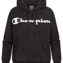 Champion Damen Fleece Hoodie Mit Logo Stickerei Kapuze & Kängurutasche Schwarz Weiss