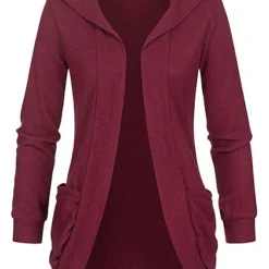 Cloud5ive Damen Leichter Struktur Cardigan Mit Kapuze & 2-Pockets Bordeaux Rot