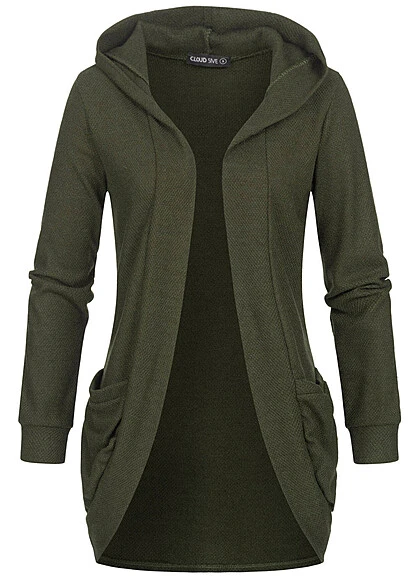 Cloud5ive Damen Basic Cardigan Mit Kapuze Und 2 Taschen Oliv Grün 3 Cloud5ive Damen Basic Cardigan Mit Kapuze Und 2 Taschen Oliv Grün