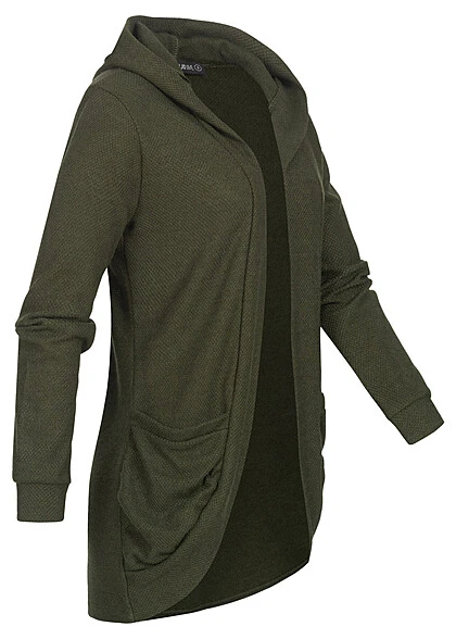 Cloud5ive Damen Basic Cardigan Mit Kapuze Und 2 Taschen Oliv Grün 4 Cloud5ive Damen Basic Cardigan Mit Kapuze Und 2 Taschen Oliv Grün – Bild 2