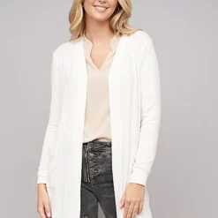 Cloud5ive Damen Longform Viskose Cardigan Mit 2 Seitl. Taschen Weiss