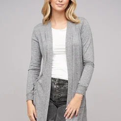 Cloud5ive Damen Longform Viskose Cardigan Mit 2 Seitl. Taschen Grau Melange
