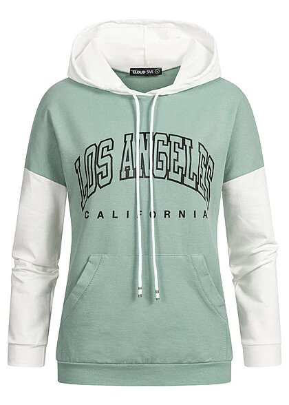 Cloud5ive Damen 2-Tone Hoodie Mit Kapuze & LA Print & Kängurutasche Grün Weiss 3 Cloud5ive Damen 2-Tone Hoodie Mit Kapuze & LA Print & Kängurutasche Grün Weiss