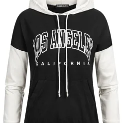 Cloud5ive Damen 2-Tone Hoodie Mit Kapuze & LA Print & Kängurutasche Schwarz Weiss
