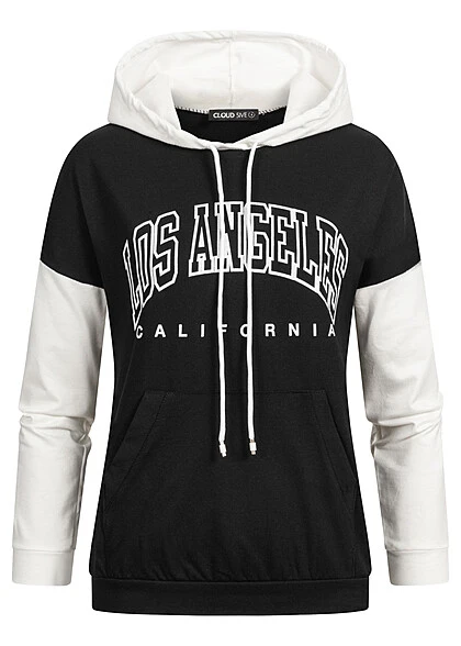 Cloud5ive Damen 2-Tone Hoodie Mit Kapuze & LA Print & Kängurutasche Schwarz Weiss 3 Cloud5ive Damen 2-Tone Hoodie Mit Kapuze & LA Print & Kängurutasche Schwarz Weiss