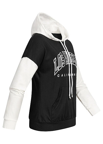 Cloud5ive Damen 2-Tone Hoodie Mit Kapuze & LA Print & Kängurutasche Schwarz Weiss 4 Cloud5ive Damen 2-Tone Hoodie Mit Kapuze & LA Print & Kängurutasche Schwarz Weiss – Bild 2