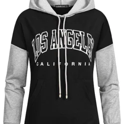 Cloud5ive Damen 2-Tone Hoodie Mit Kapuze & LA Print & Kängurutasche Schwarz Grau