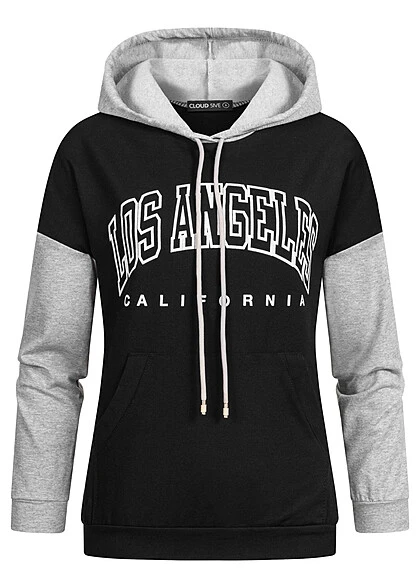 Cloud5ive Damen 2-Tone Hoodie Mit Kapuze & LA Print & Kängurutasche Schwarz Grau 3 Cloud5ive Damen 2-Tone Hoodie Mit Kapuze & LA Print & Kängurutasche Schwarz Grau