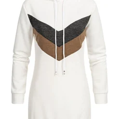 Cloud5ive Damen Hoodie-Kleid Mit Streifen Muster Und Kapuze Weiss Dunkel Grau Braun