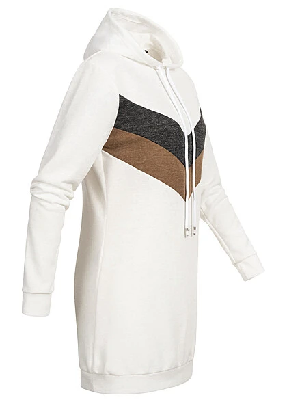 Cloud5ive Damen Hoodie-Kleid Mit Streifen Muster Und Kapuze Weiss Dunkel Grau Braun 4 Cloud5ive Damen Hoodie-Kleid Mit Streifen Muster Und Kapuze Weiss Dunkel Grau Braun – Bild 2